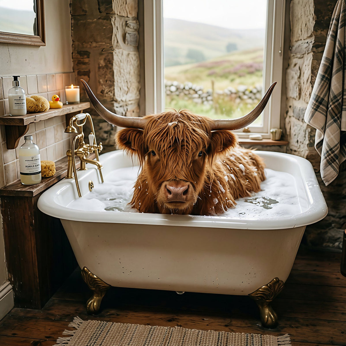 Highland Cow Bath Scene – Framed Tile